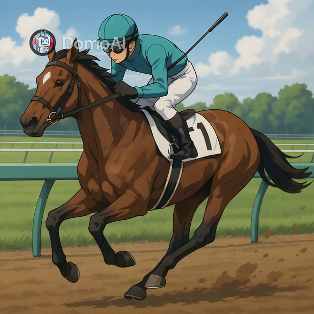 A powerful racehorse running at full speed on a grass racetrack. Semi ...